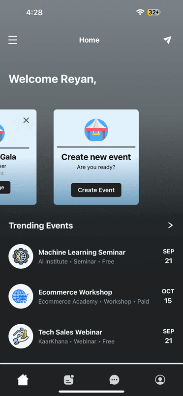 Event Garde organiser home screen